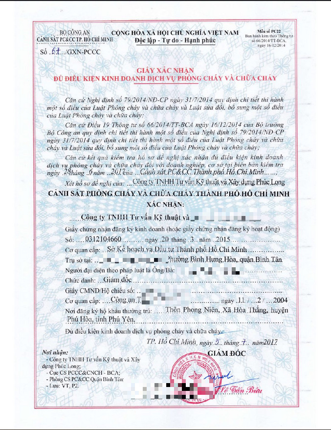 GIẤY XÁC NHẬN ĐỦ ĐIỀU KIỆN KINH DOANH DỊCH VỤ PCCC